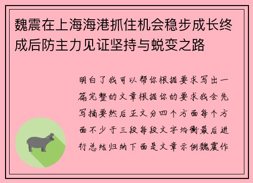 魏震在上海海港抓住机会稳步成长终成后防主力见证坚持与蜕变之路