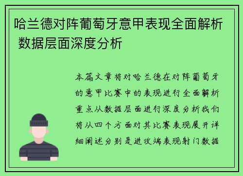 哈兰德对阵葡萄牙意甲表现全面解析 数据层面深度分析